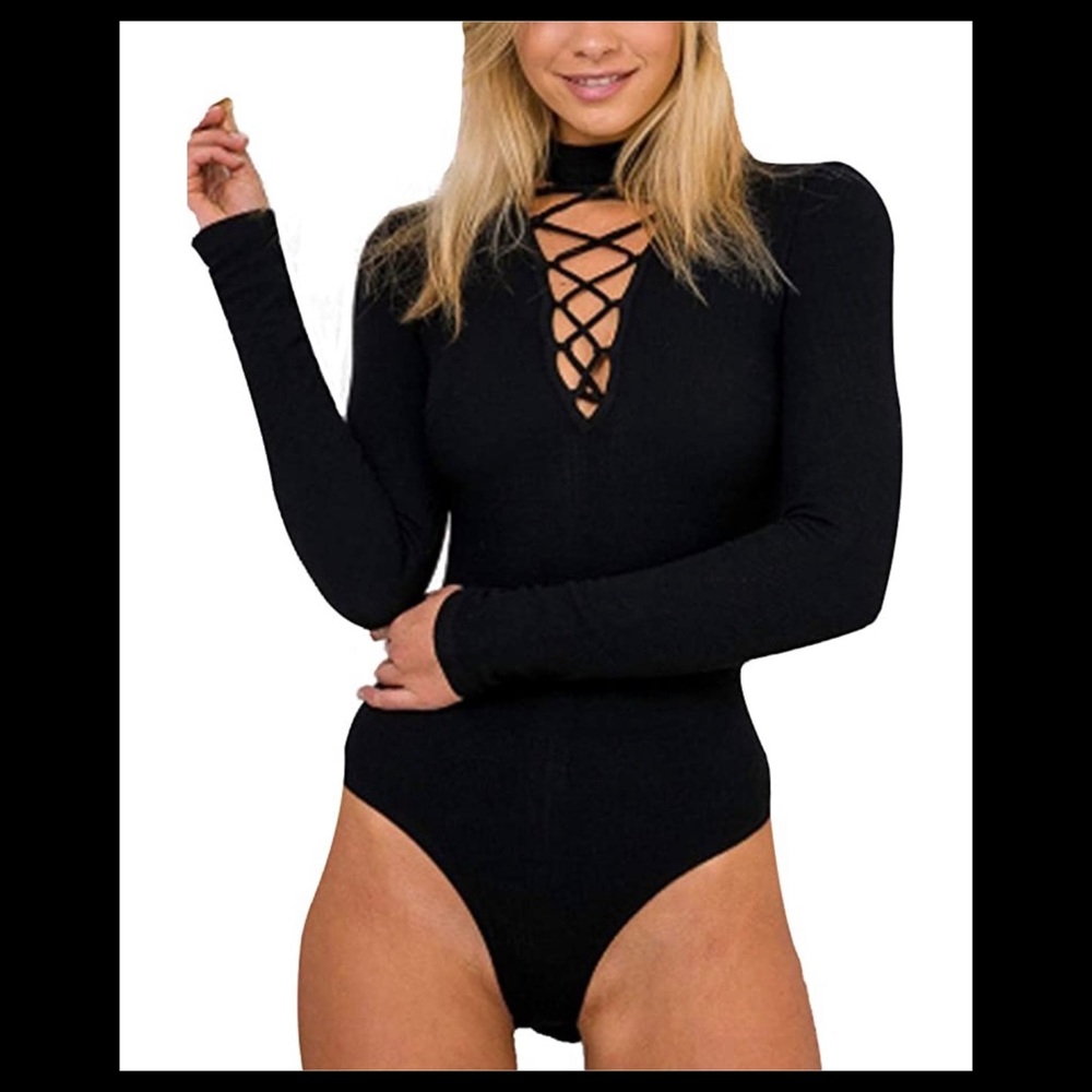 Ribbed Long Sleeved Lace up Bodysuit sz XL